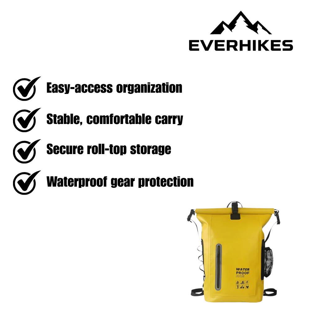 Mochila de caminhada impermeável de 25 L — Estrutura em PVC 500D, costuras soldadas a quente, fecho enrolável