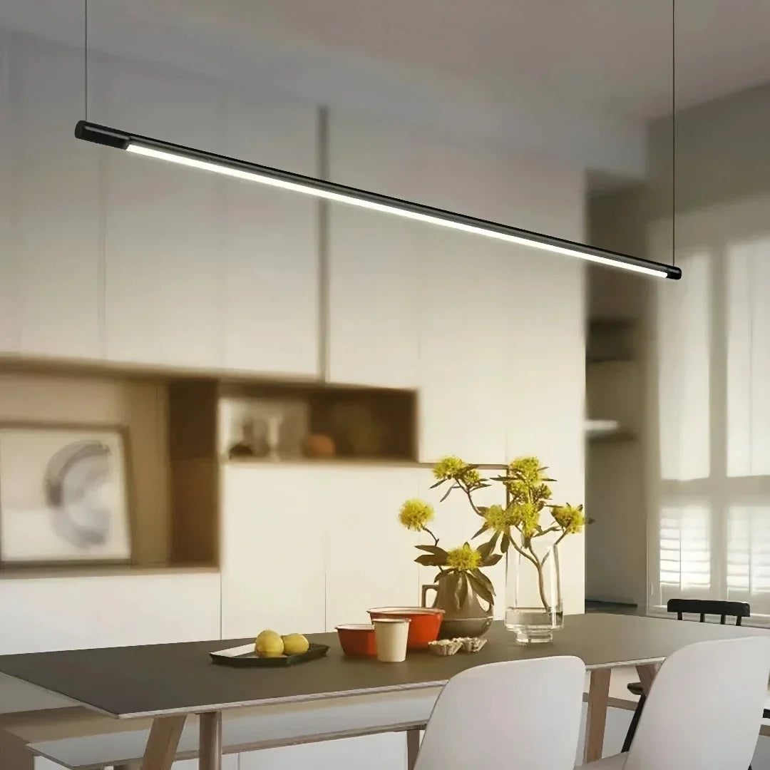 Minimalistyczna liniowa czarna metalowa lampa wisząca z funkcją ściemniania do jadalni | boxzora