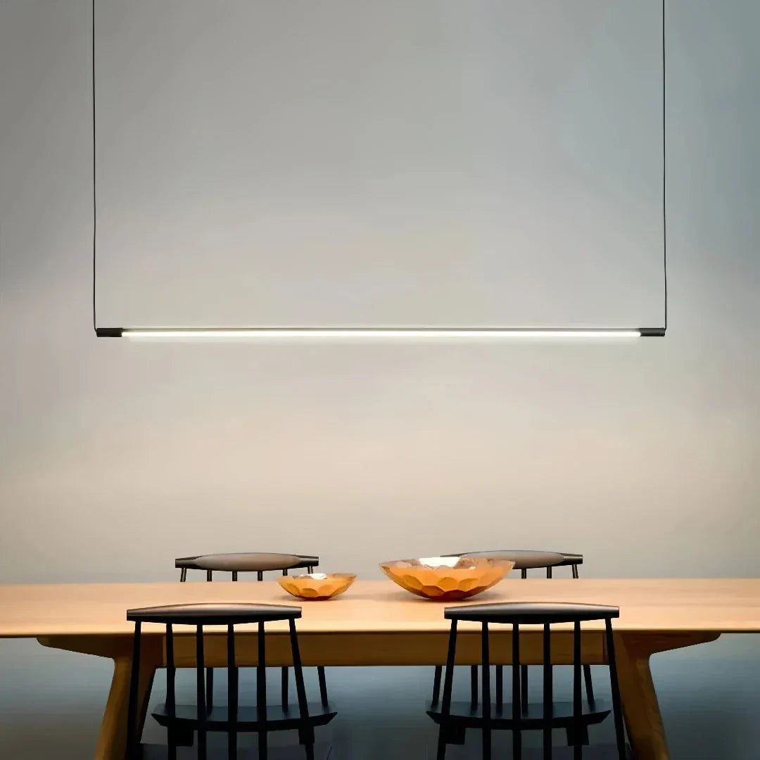 Minimalistyczna liniowa czarna metalowa lampa wisząca z funkcją ściemniania do jadalni | boxzora